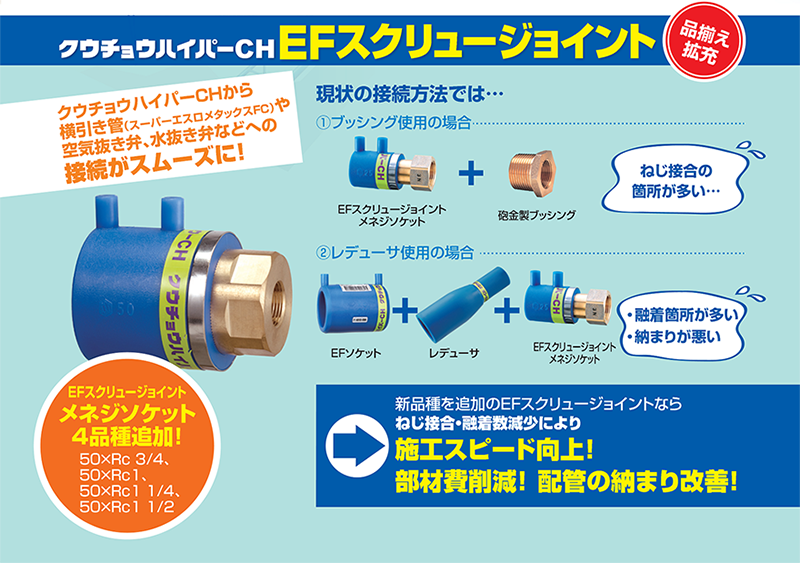 クウチョウハイパーCHから横引き管（スーパーエスロメタックスFC）や空気抜き弁、水抜き弁などへの接続がスムーズに！